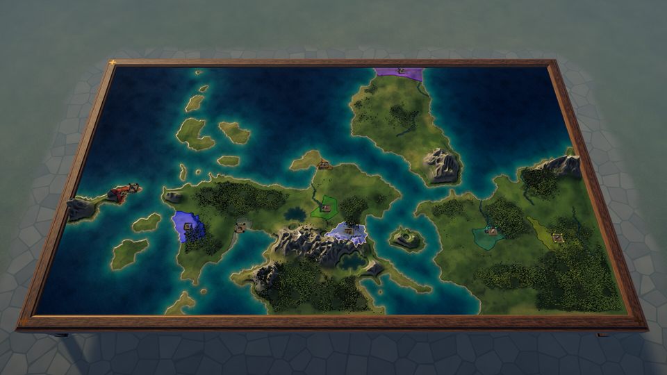 Screenshot: the world map spread on a wooden table, islands and coastlines with the coloured territories of several houses