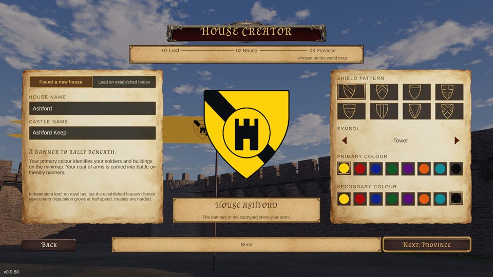Screenshot: the House Creator with a yellow and black coat of arms bearing a tower, and choices for shield pattern and colours