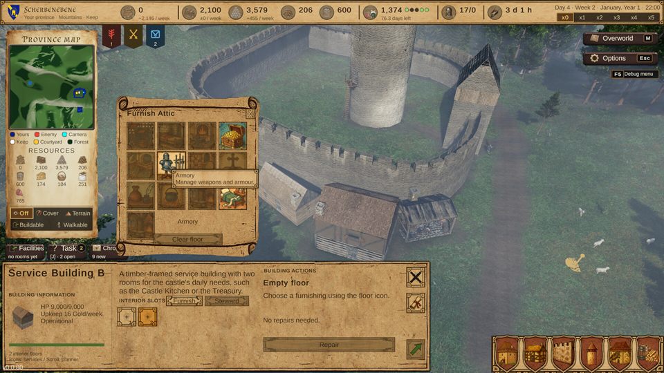 Screenshot: furnishing the rooms of a service building inside a castle courtyard, with resources shown along the top
